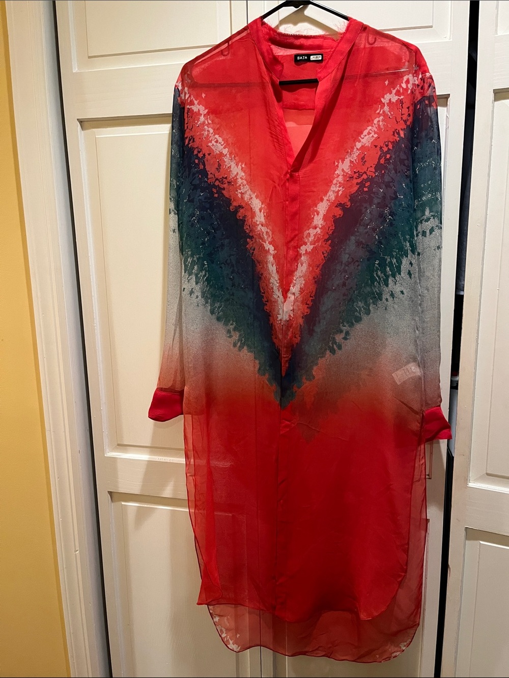 Baja East Red Sheer V-Neck Swim Coverup with Blue-Green Ombre